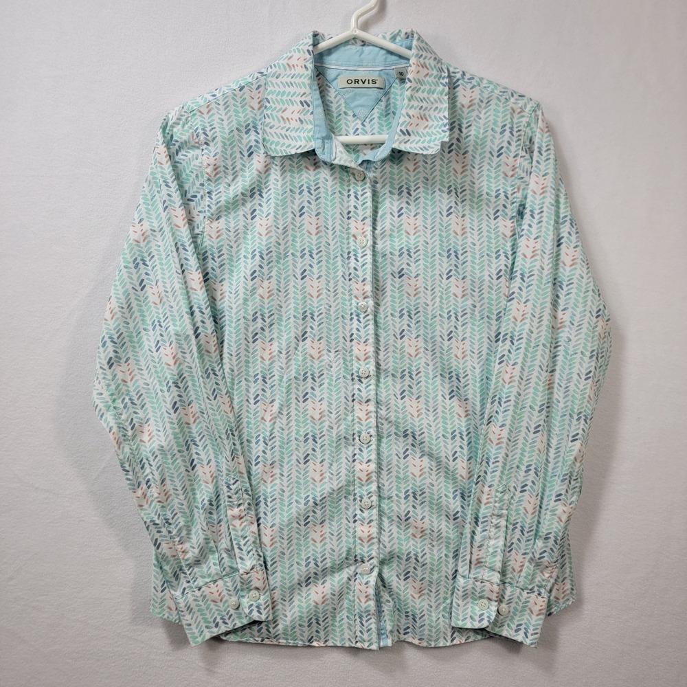Orvis Womens Long Sleeve Button-Up Shirt Size 10 Light Green Leaf Print Cotton